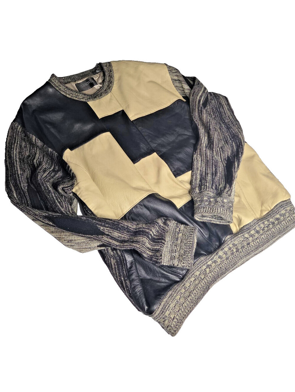 Vintage Saxony Leather Patchwork Sweater 2XB 90s Hip Hop Coogi Style